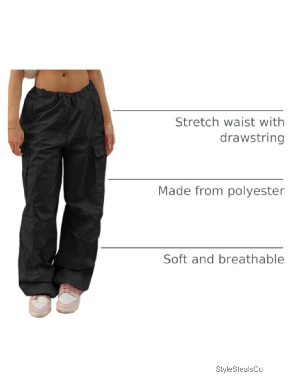 Y2K Baggy Cargo Parachute Pants Low Rise Drawstring Loose Jogger Sweatpants - Picture 4 of 6